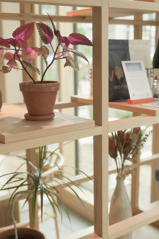 A shelving unit and room divider made of beech wood designer and built by Liam Barwick
