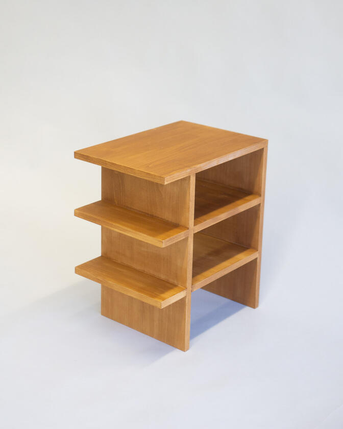 A small bedside table made of beech veneer designed and made by Liam Barwick