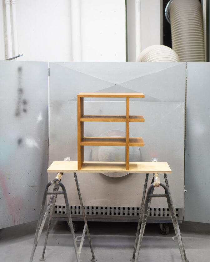 A small bedside table made of beech veneer designed and made by Liam Barwick