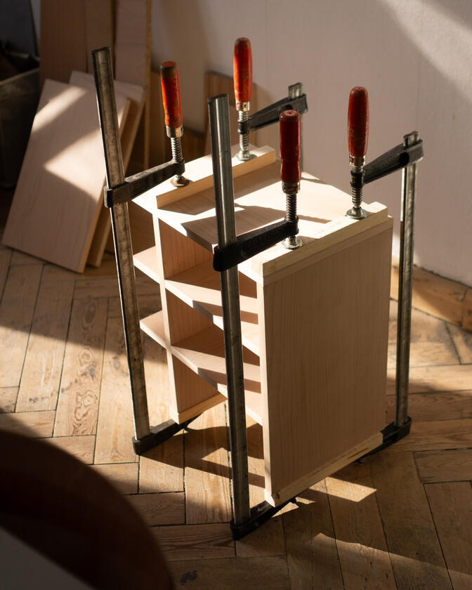 A small bedside table made of beech veneer designed and made by Liam Barwick