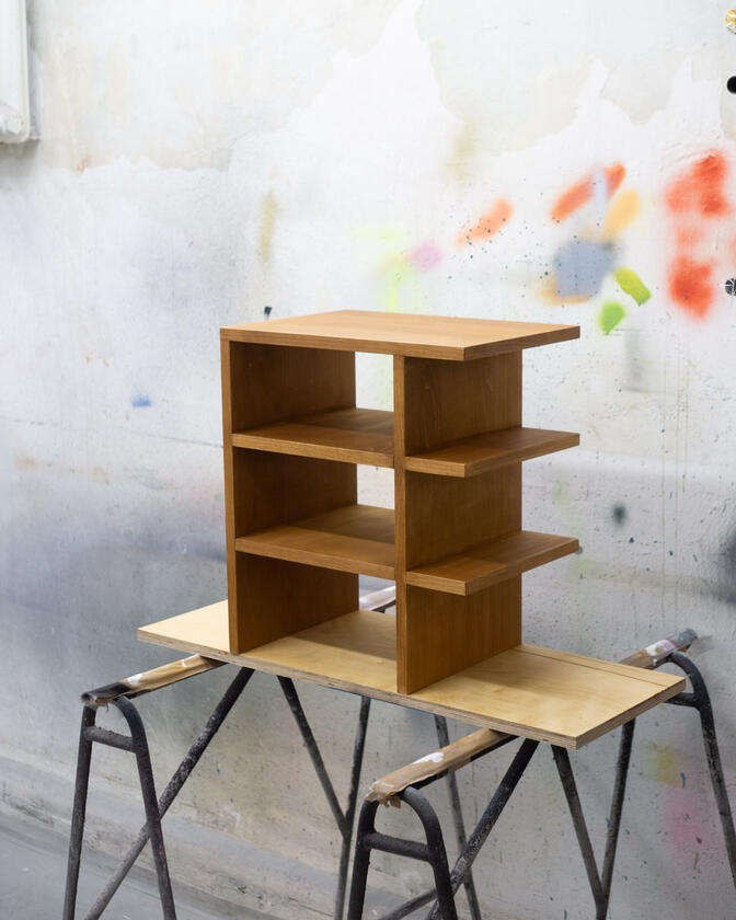 A small bedside table made of beech veneer designed and made by Liam Barwick