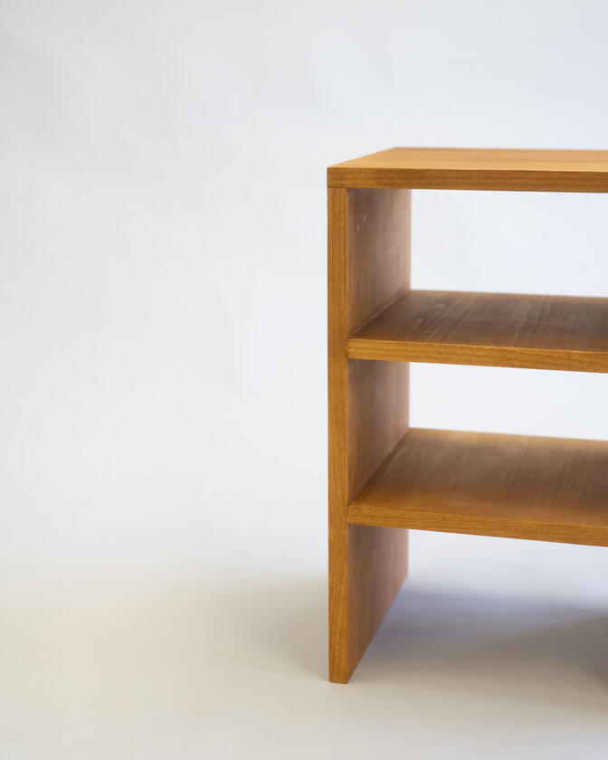 A small bedside table made of beech veneer designed and made by Liam Barwick