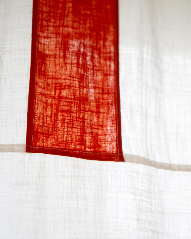 A set of colourful linen curtains in the traditional korean patchwork style of pojagi, designed and made by Liam Barwick