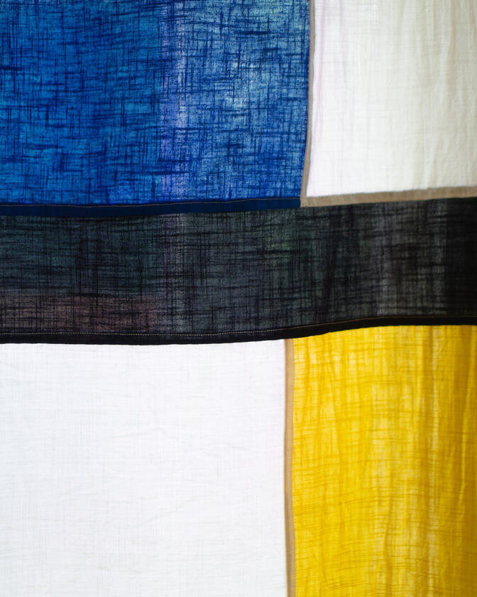 A set of colourful linen curtains in the traditional korean patchwork style of pojagi, designed and made by Liam Barwick