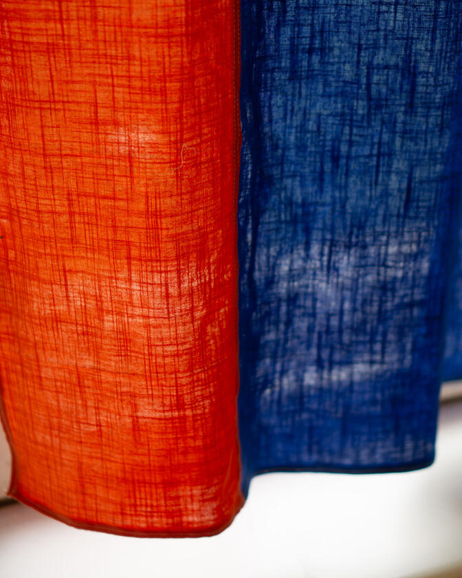 A set of colourful linen curtains in the traditional korean patchwork style of pojagi, designed and made by Liam Barwick